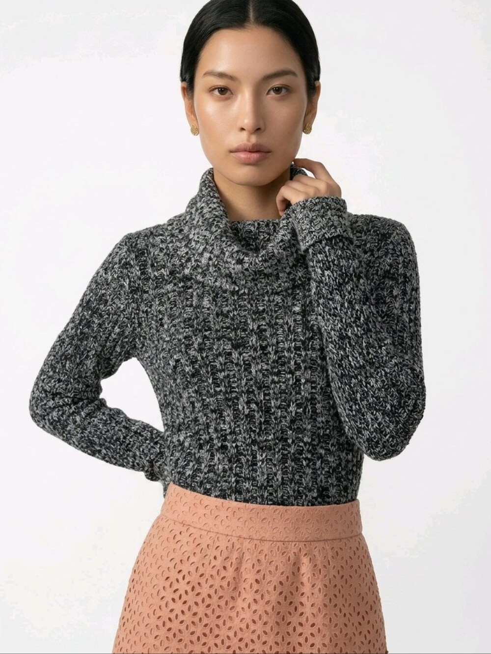 Jamie Scott Women’s Small Marled Knit Cowl Neck Sweater Gray Black Cozy Pullover